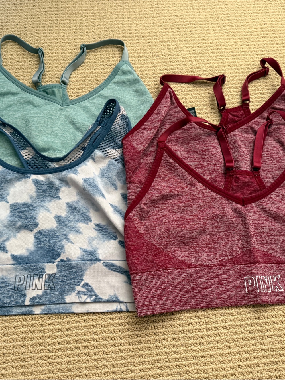 4 PINK Victoria's Secret Sports Bralettes - Burgundy, Teal & Blue Tie-Dye bundle